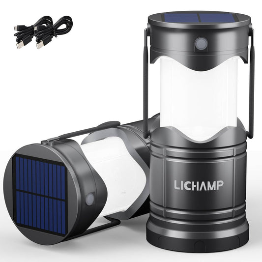 Lichamp 4-Pack Solar Camping Lantern, USB Rechargeable LED Lanterns Battery Powered Pop Up Flashlight Lamps with Three Modes Power for Power Outages Hurricane Supplies Emergency Indoor & Outdoor