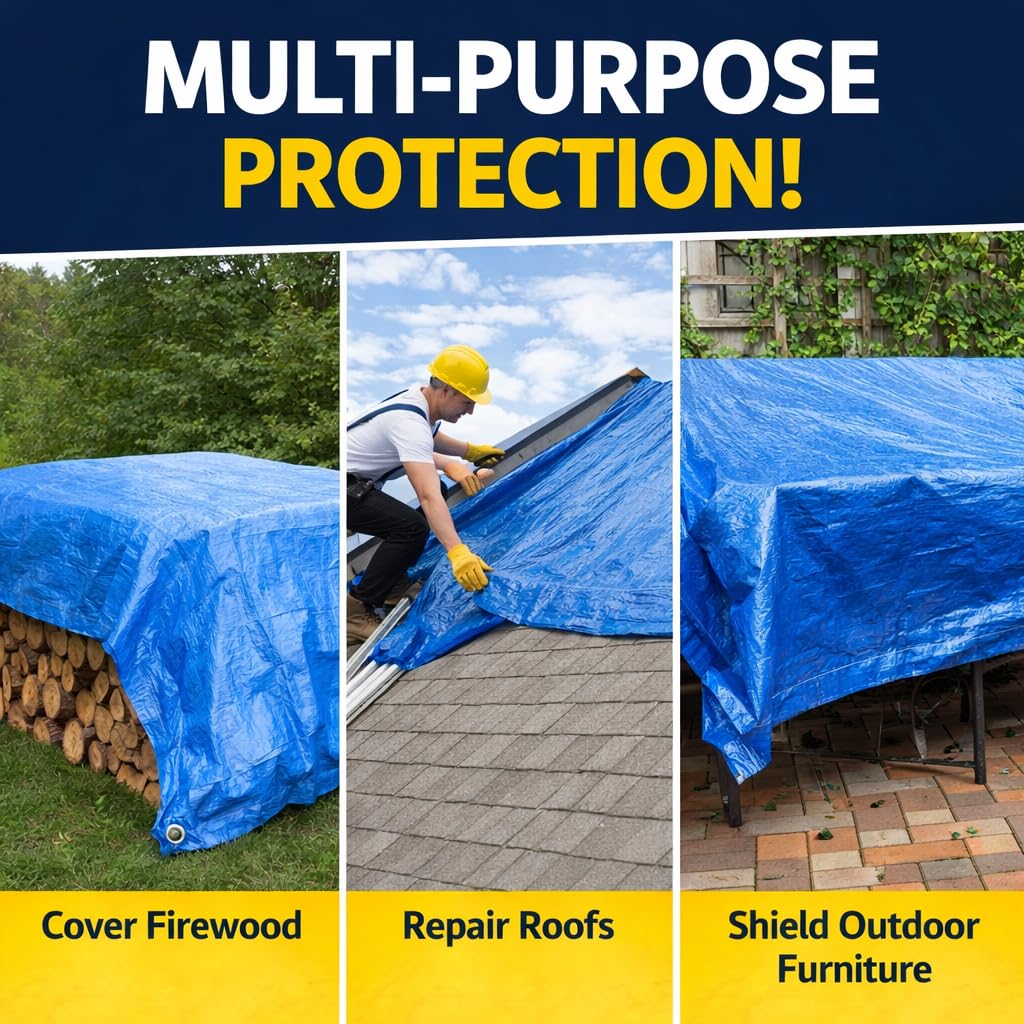 Blue Tarp 8x10 FT (4 Pack), 5 Mil Waterproof Poly Tarp, Reinforced Edges, Upgraded 20" Grommet Spacing, Multi-Purpose Tarpaulin, Cover for Camping, Roof, Yard, Budget Value Pack