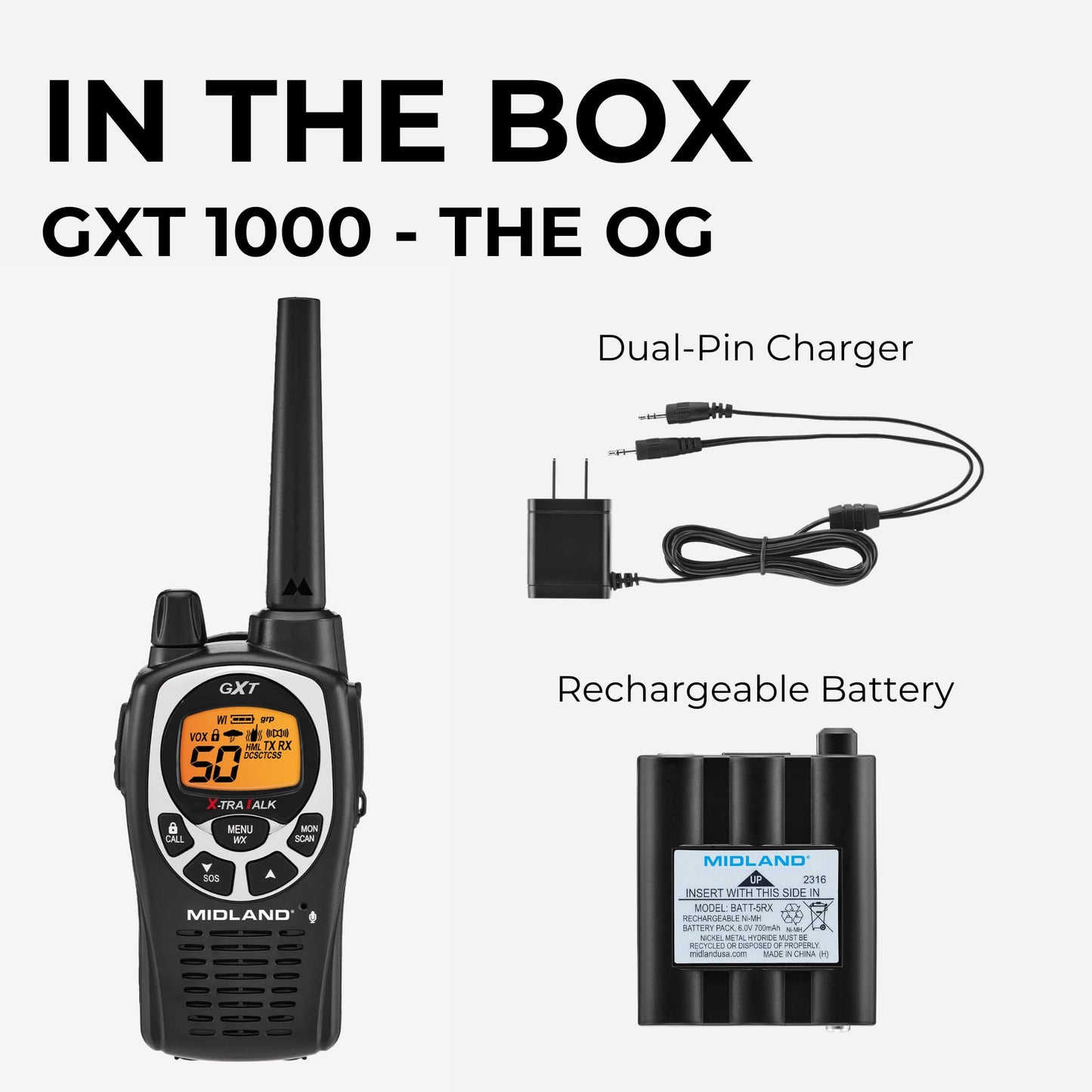 Midland GXT1000X3VP4 GMRS Two-Way Radio (50-Channel, Long Range, 142 Privacy Codes, SOS, NOAA, Rechargeable Nickle Battery, Black/Silver, 3-Pack)
