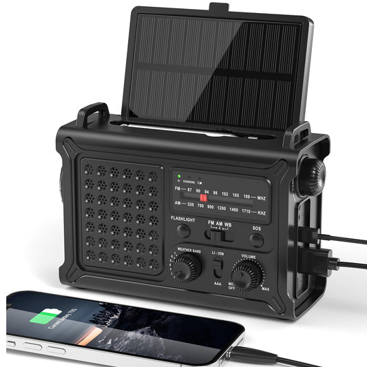 Solar Radio Emergency Hand Crank 12000mAh with Clear Signal, AM FM NOAA Weather Radio Battery Operated with 2-Mode LED Flashlight Cell Phone Charger Dual Outputs SOS