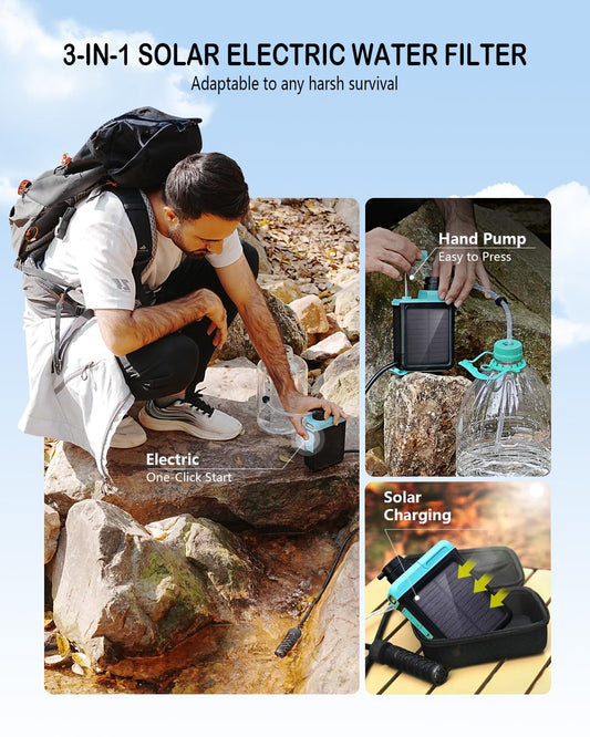 BKLES 3-in-1 Solar Electric Water Filter with Hand Pump - Camping Water Filtration System Survival, Portable Water Purifier with Emergency Light, Survival Kit for Backpacking, Gifts for Father's Day