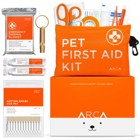 ARCA PET Cat & Dog First Aid Kit for Car - Pet Emergency Kit for Home Office Travel – Dog Camping Essentials with Digital Thermometer, Muzzle & Mini First Aid Pouch