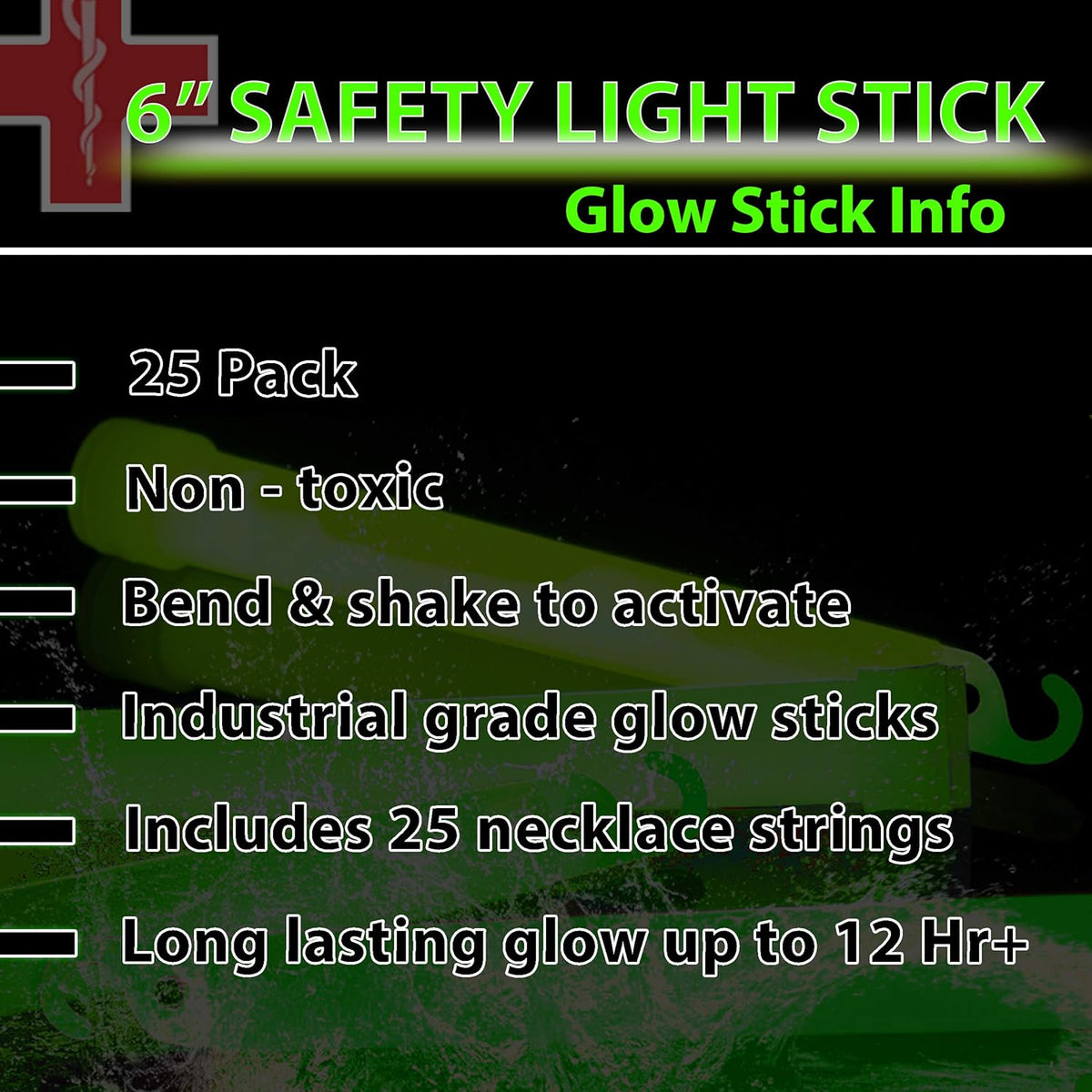 25 Green Glow Sticks, 6 in., Individually Packed with Lanyards, Up to 12-Hour Glow