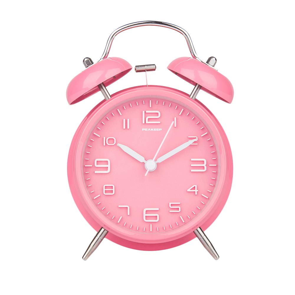 Peakeep 4 Inches Twin Bell Loud Alarm Clock for Heavy Sleepers, Backlight, Battery Operated Old Fashioned Alarm Clock for Bedrooms (3D-Dial, Black)