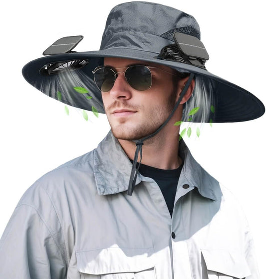 Solar Powered Fan Hat for Men Women Wide Brim Hat with 2 Fans UPF 50+ Outdoor Fishing Beach Sun Hat