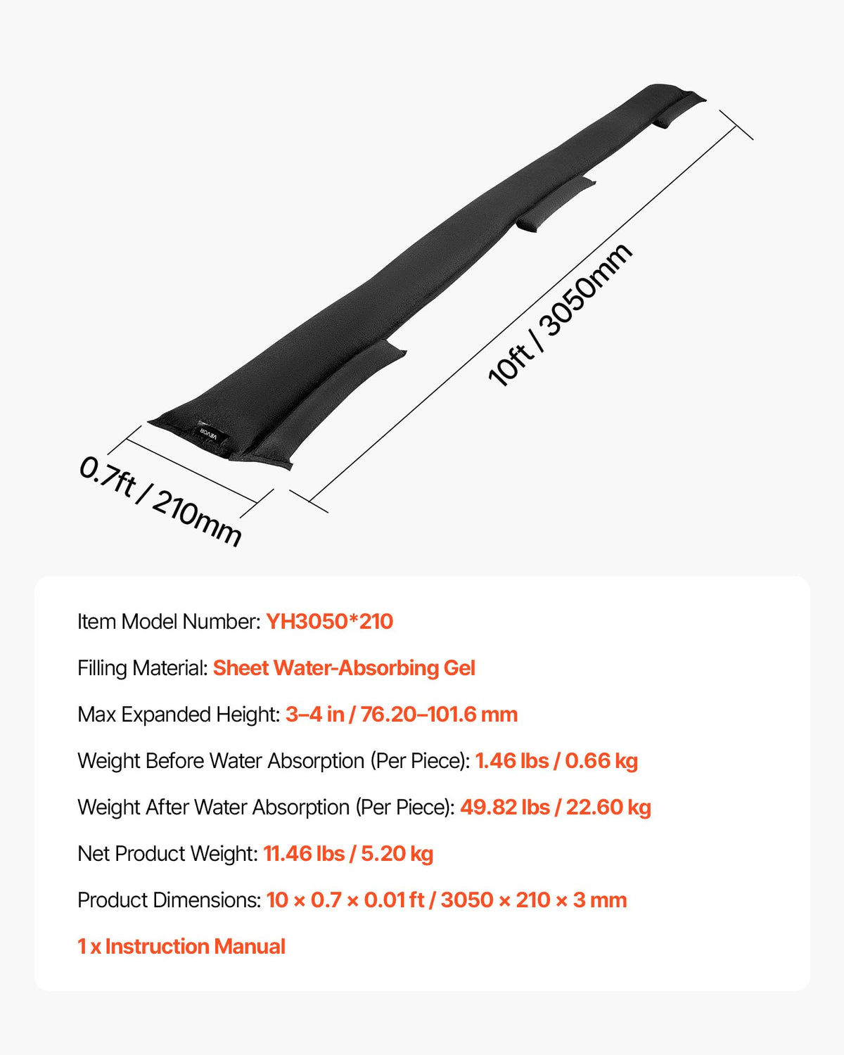 VEVOR Flood Barrier, 10-Pack, 5 × 0.7 ft Water-Activated Sandless Bags with Bucket