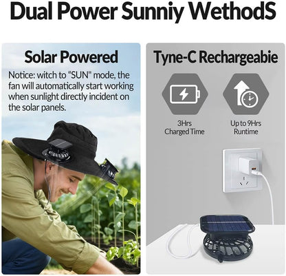 Solar Powered Fan Hat for Men Women Wide Brim Hat with 2 Fans UPF 50+ Outdoor Fishing Beach Sun Hat
