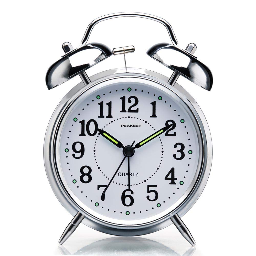 Peakeep 4 Inches Twin Bell Loud Alarm Clock for Heavy Sleepers, Backlight, Battery Operated Old Fashioned Alarm Clock for Bedrooms (3D-Dial, Black)
