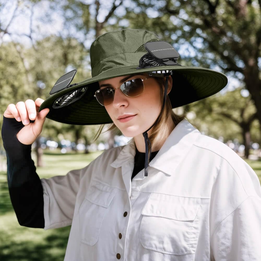 Solar Powered Fan Hat for Men Women Wide Brim Hat with 2 Fans UPF 50+ Outdoor Fishing Beach Sun Hat