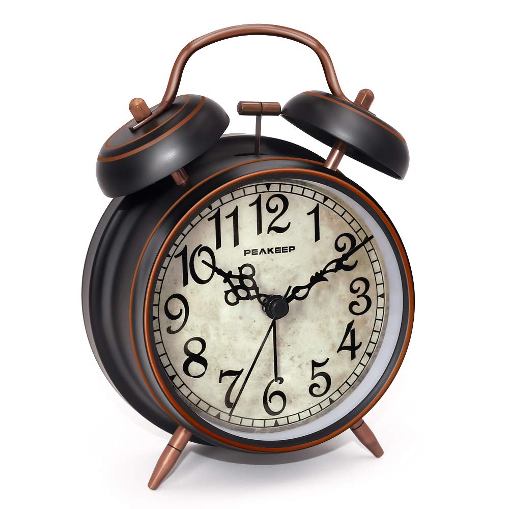 Peakeep 4 Inches Twin Bell Loud Alarm Clock for Heavy Sleepers, Backlight, Battery Operated Old Fashioned Alarm Clock for Bedrooms (3D-Dial, Black)