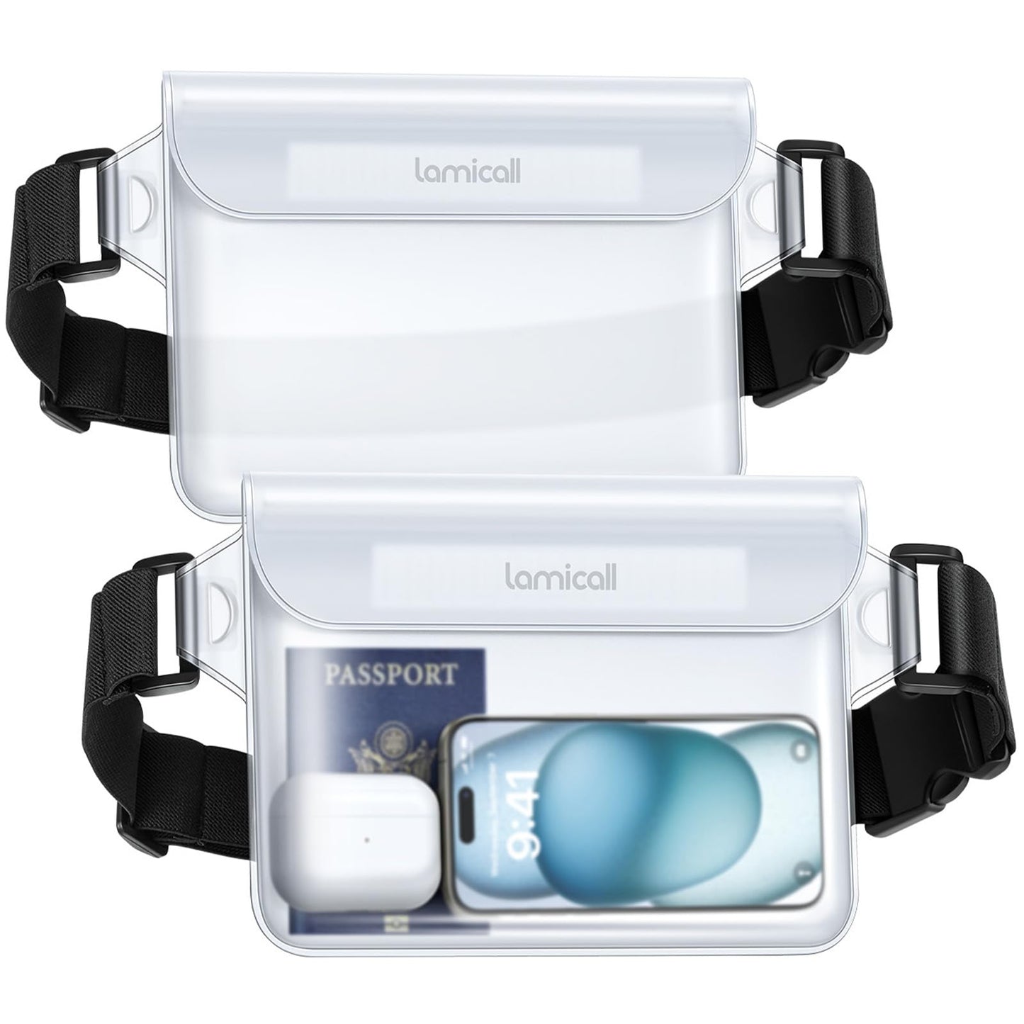 Lamicall Waterproof Fanny Pack Pouch - Large 8.7” Capacity fits iPad Mini & iPhone 17 16 15 Pro Max with Case - IPX8 Submersible Dry Bag for Cruise Essentials, Snorkeling, Kayaking, Black 2-Pack