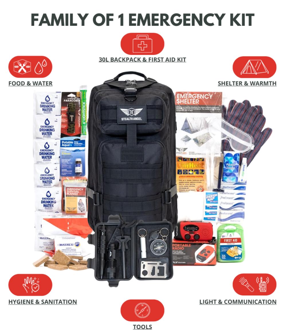 Stealth Angel Survival - 72 Hour Family Emergency Kit - 1-5 Person Survival Bag for Earthquakes, Hurricanes, and Other Natural Disasters