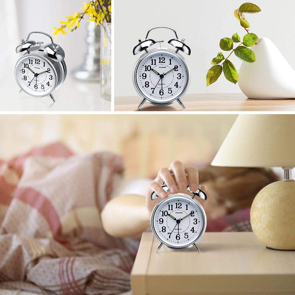 Peakeep 4 Inches Twin Bell Loud Alarm Clock for Heavy Sleepers, Backlight, Battery Operated Old Fashioned Alarm Clock for Bedrooms (3D-Dial, Black)
