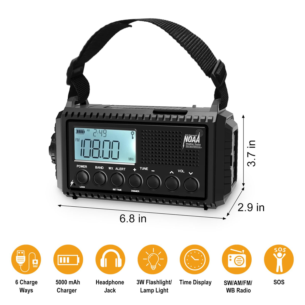 Raynic Emergency Radio, 5000mAh, Solar Hand-Crank AM/FM/SW/NOAA, Charger & Flashlight
