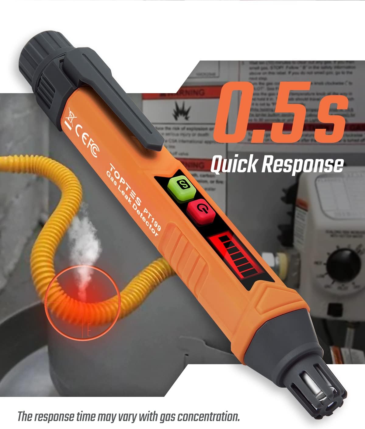 PT199 Natural Gas Leak Detector with Audible/Visual Alarm, Methane & Propane, Orange