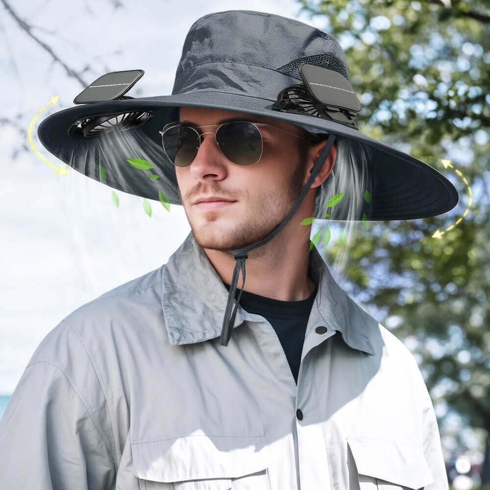 Solar Powered Fan Hat for Men Women Wide Brim Hat with 2 Fans UPF 50+ Outdoor Fishing Beach Sun Hat