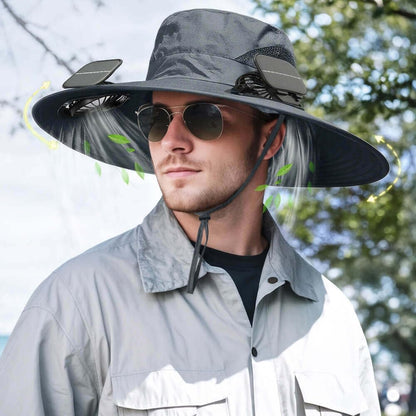 Solar Powered Fan Hat for Men Women Wide Brim Hat with 2 Fans UPF 50+ Outdoor Fishing Beach Sun Hat