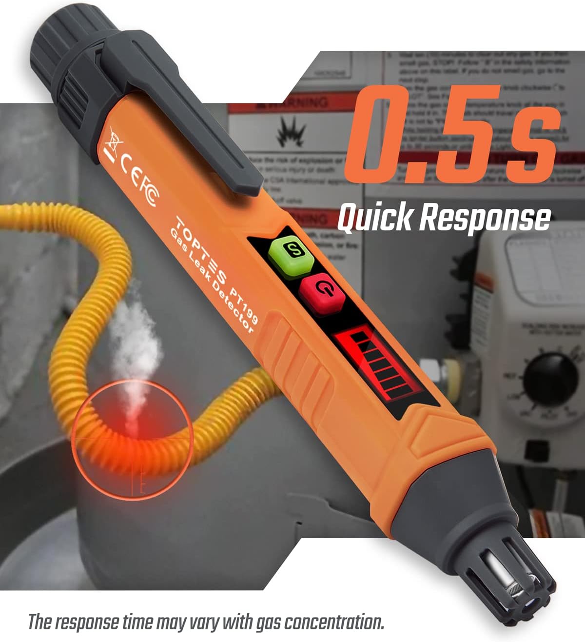 PT199 Natural Gas Leak Detector with Audible/Visual Alarm, Methane & Propane, Orange