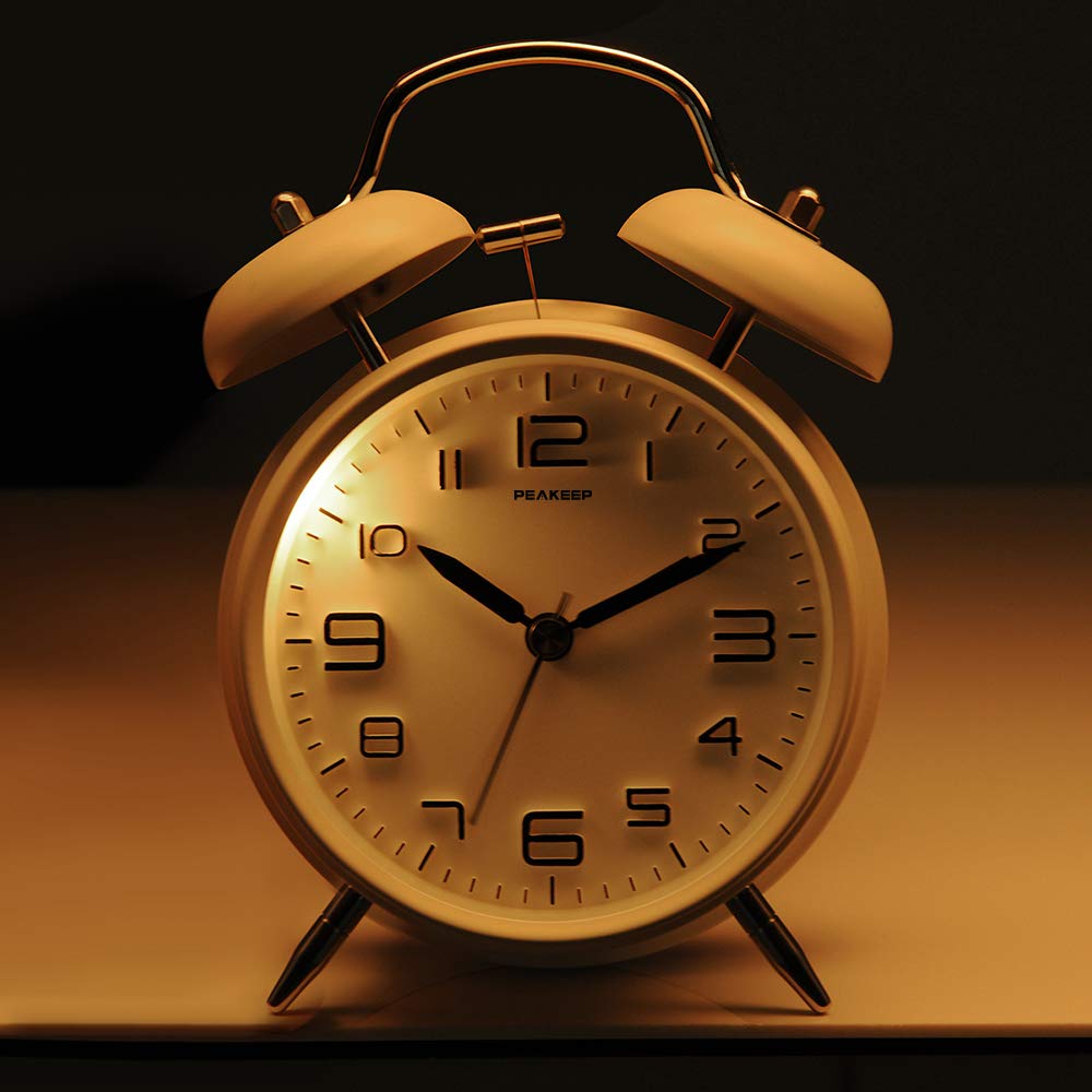 Peakeep 4 Inches Twin Bell Loud Alarm Clock for Heavy Sleepers, Backlight, Battery Operated Old Fashioned Alarm Clock for Bedrooms (3D-Dial, Black)