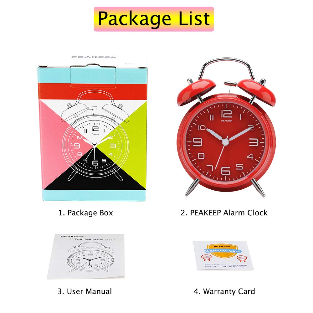 Peakeep 4 Inches Twin Bell Loud Alarm Clock for Heavy Sleepers, Backlight, Battery Operated Old Fashioned Alarm Clock for Bedrooms (3D-Dial, Black)
