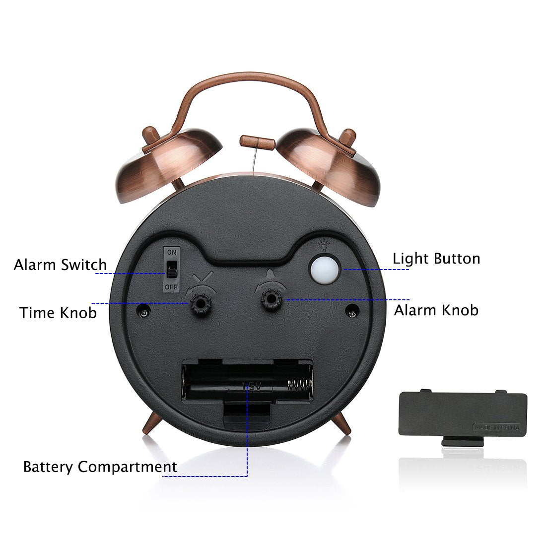 Peakeep 4 Inches Twin Bell Loud Alarm Clock for Heavy Sleepers, Backlight, Battery Operated Old Fashioned Alarm Clock for Bedrooms (3D-Dial, Black)