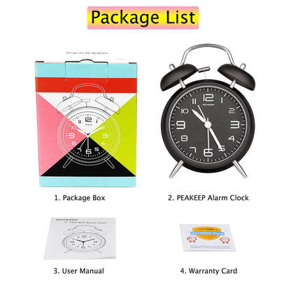 Peakeep 4 Inches Twin Bell Loud Alarm Clock for Heavy Sleepers, Backlight, Battery Operated Old Fashioned Alarm Clock for Bedrooms (3D-Dial, Black)