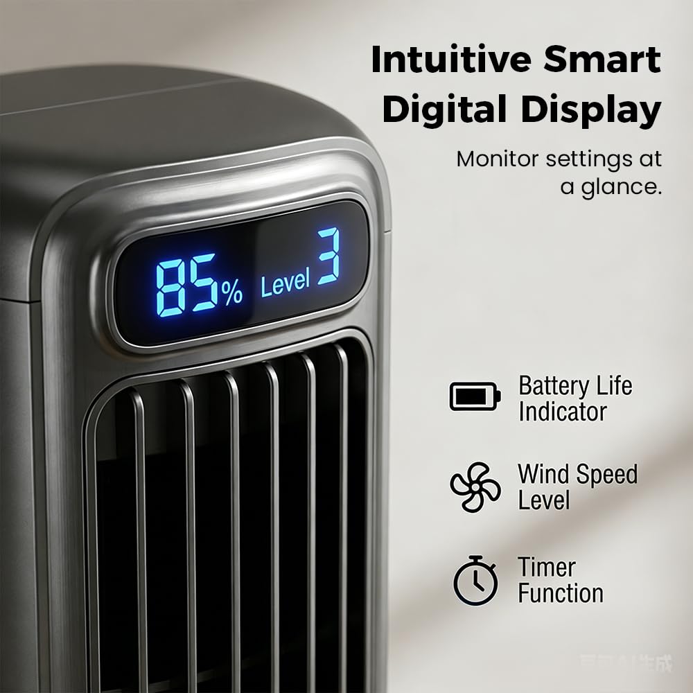 2026 New Summer Cooling Ace Portable Air conditioner, Upgrade Cooling Fan with 3 Speeds & LED Touch Screen, USB Charging Tower Fan for Bedroom Office Home (Grey)