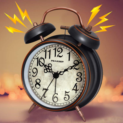 Peakeep 4 Inches Twin Bell Loud Alarm Clock for Heavy Sleepers, Backlight, Battery Operated Old Fashioned Alarm Clock for Bedrooms (3D-Dial, Black)