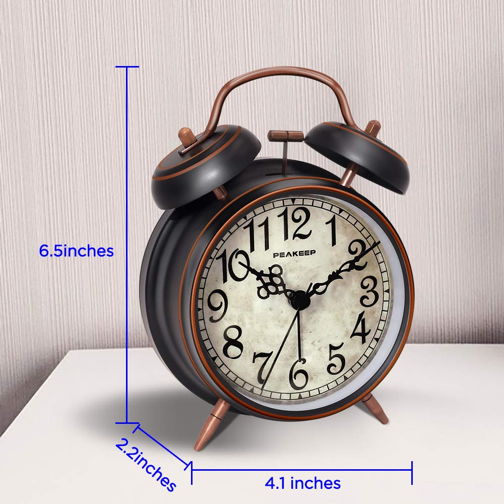 Peakeep 4 Inches Twin Bell Loud Alarm Clock for Heavy Sleepers, Backlight, Battery Operated Old Fashioned Alarm Clock for Bedrooms (3D-Dial, Black)