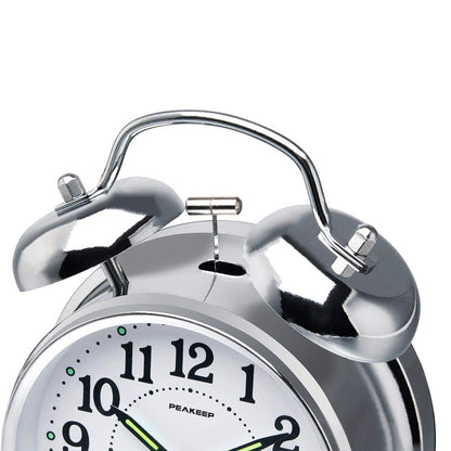 Peakeep 4 Inches Twin Bell Loud Alarm Clock for Heavy Sleepers, Backlight, Battery Operated Old Fashioned Alarm Clock for Bedrooms (3D-Dial, Black)