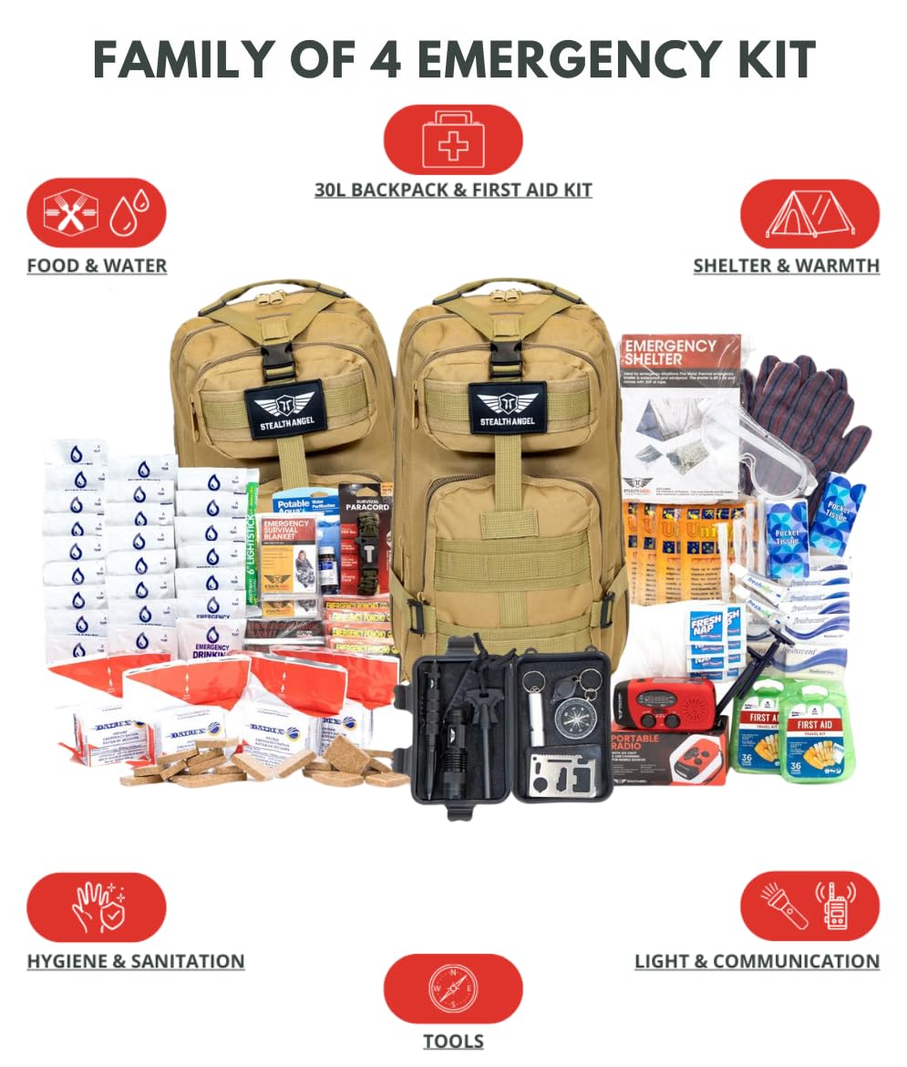Stealth Angel Survival - 72 Hour Family Emergency Kit - 1-5 Person Survival Bag for Earthquakes, Hurricanes, and Other Natural Disasters