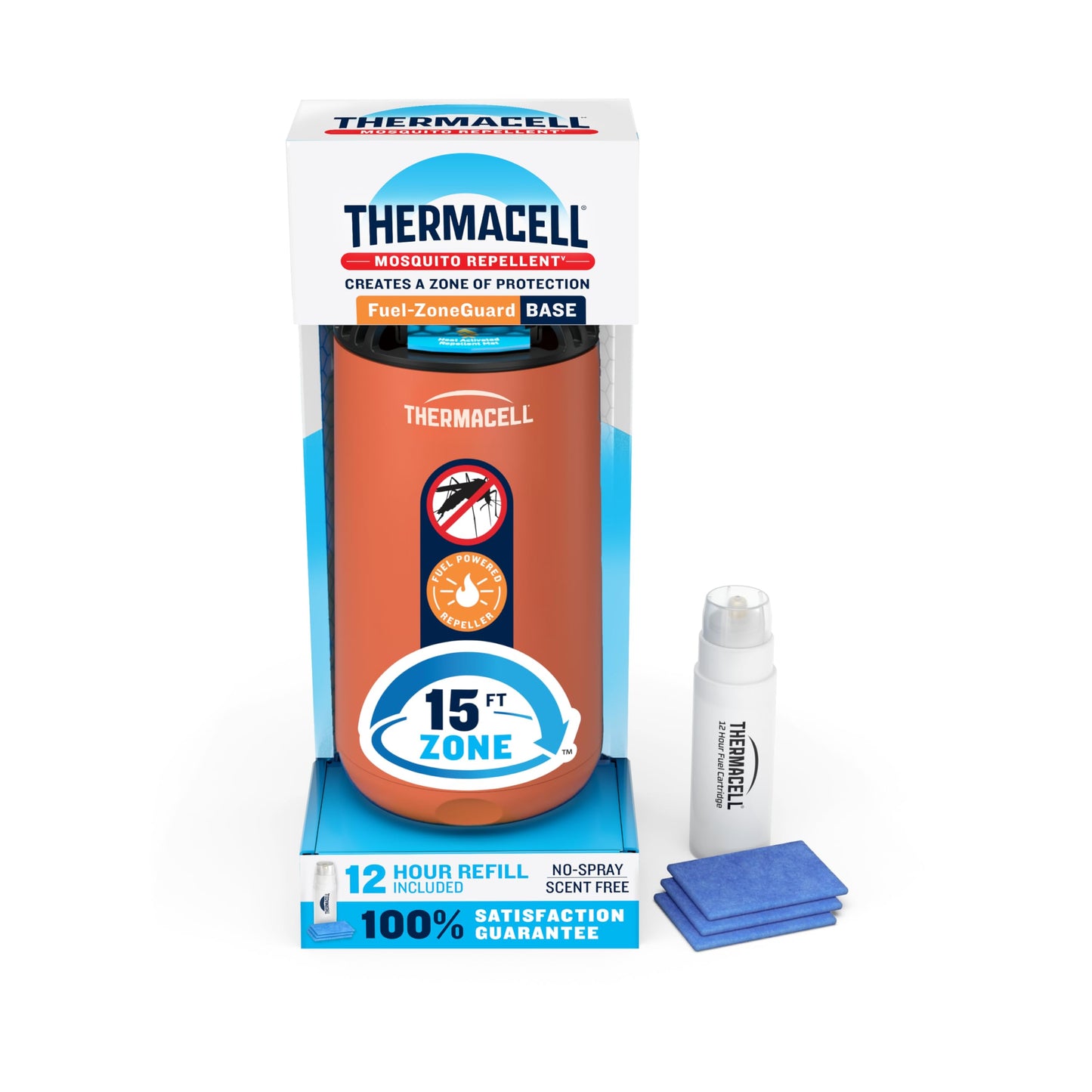 Thermacell Fuel-ZoneGuard Base Fuel Powered Mosquito Repeller; 15-Foot Zone of Scientifically Proven Outdoor Protection; Patio Shield; 12-Hr Refill; DEET-Free; Bug Spray Alternative; Glacial Blue