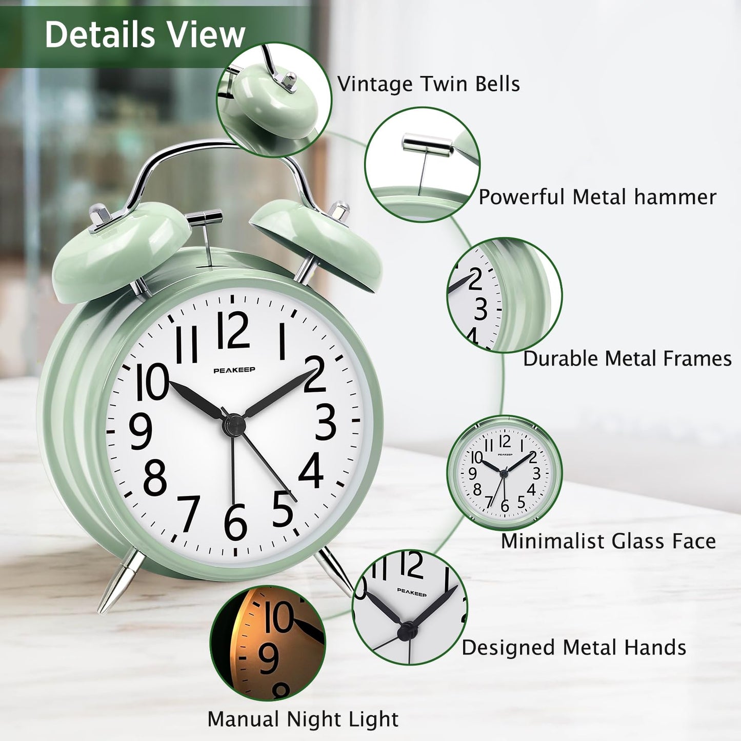 Peakeep 4 Inches Twin Bell Loud Alarm Clock for Heavy Sleepers, Backlight, Battery Operated Old Fashioned Alarm Clock for Bedrooms (3D-Dial, Black)