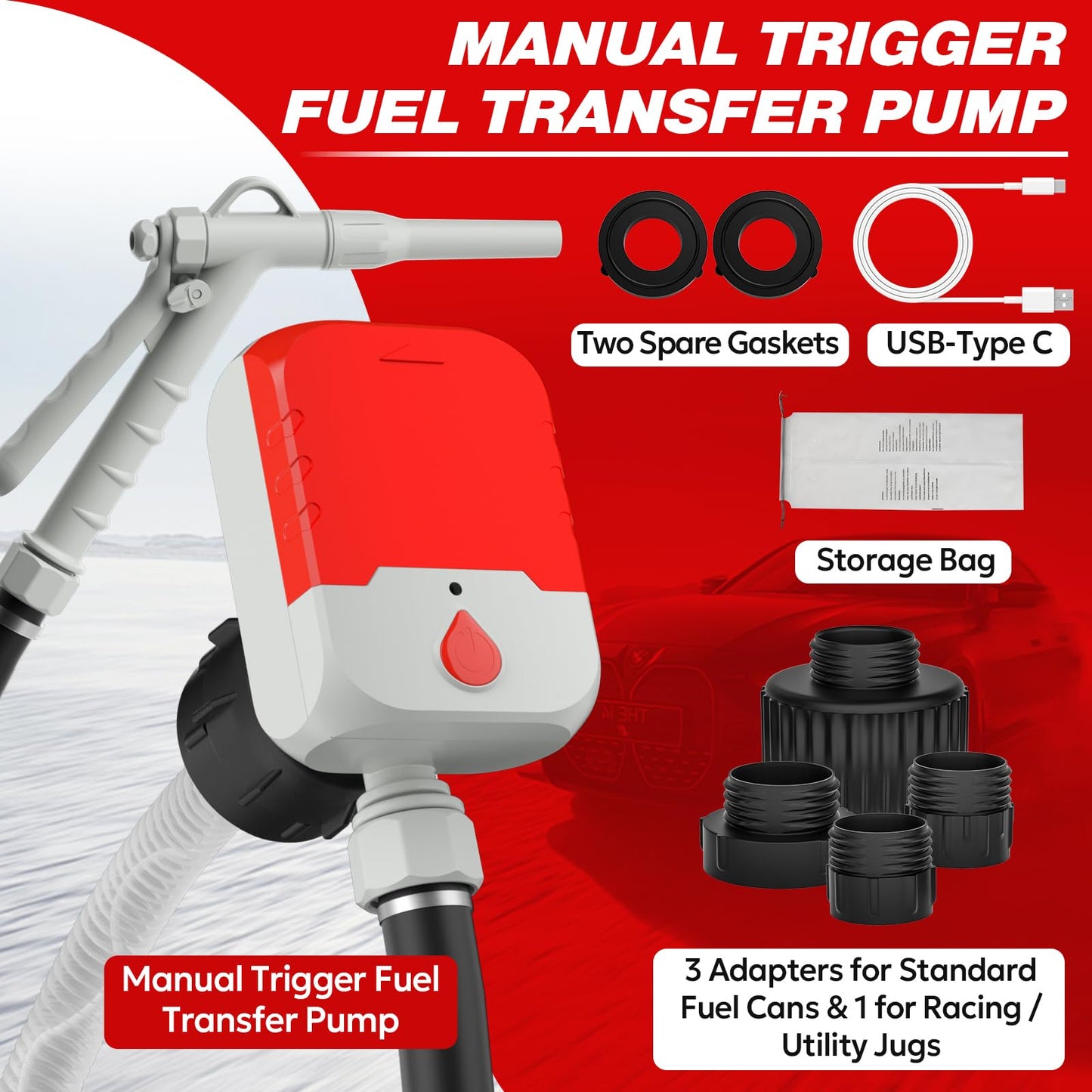 Keimi 5 GPM Cordless Fuel Transfer Pump with Auto-Stop & Hand Trigger Nozzle, Compatible with DeWalt 20V & Milwaukee 18V Batteries, Gas Can Pump for Gasoline/Diesel, 51" Hose & 4 Adapters