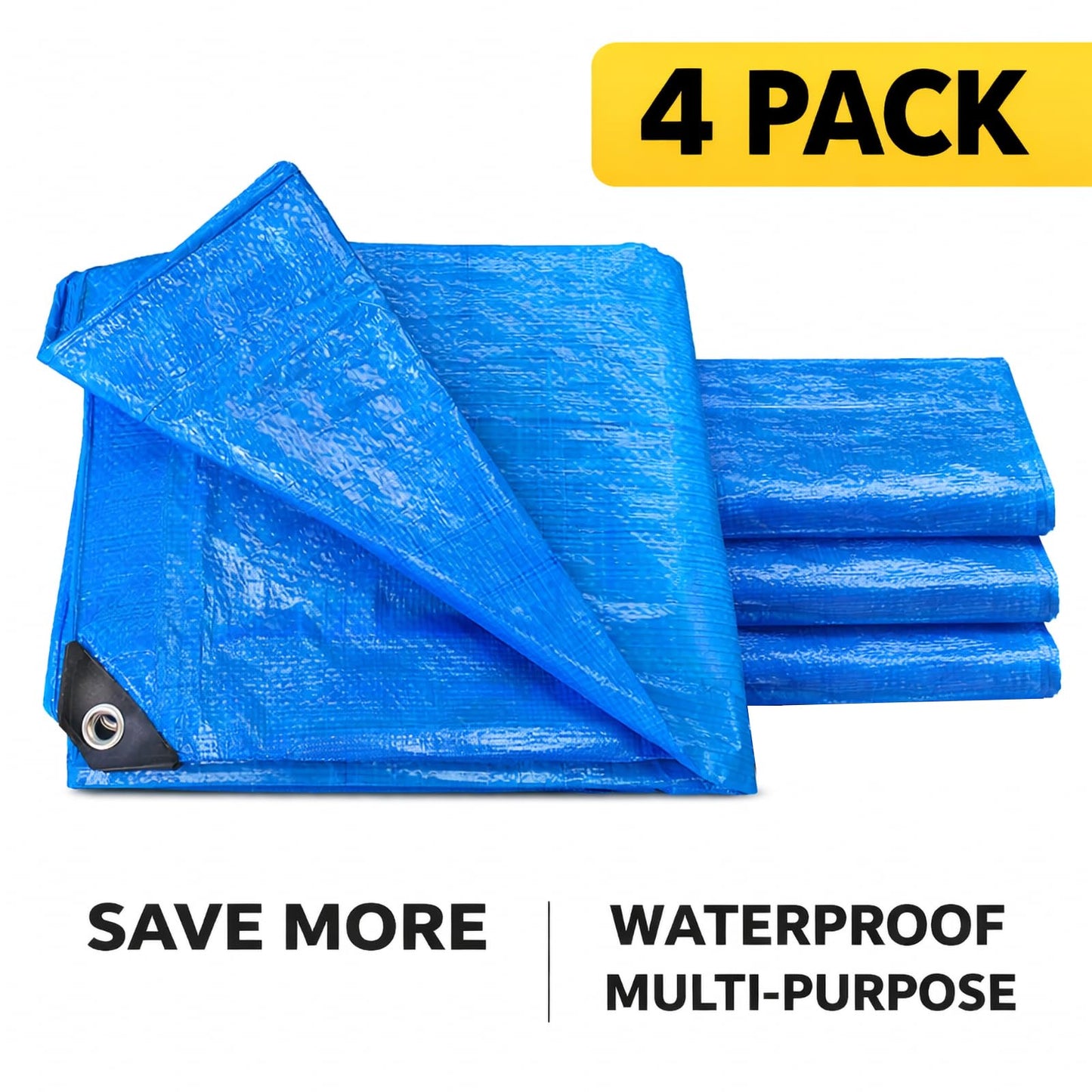 Blue Tarp 8x10 FT (4 Pack), 5 Mil Waterproof Poly Tarp, Reinforced Edges, Upgraded 20" Grommet Spacing, Multi-Purpose Tarpaulin, Cover for Camping, Roof, Yard, Budget Value Pack