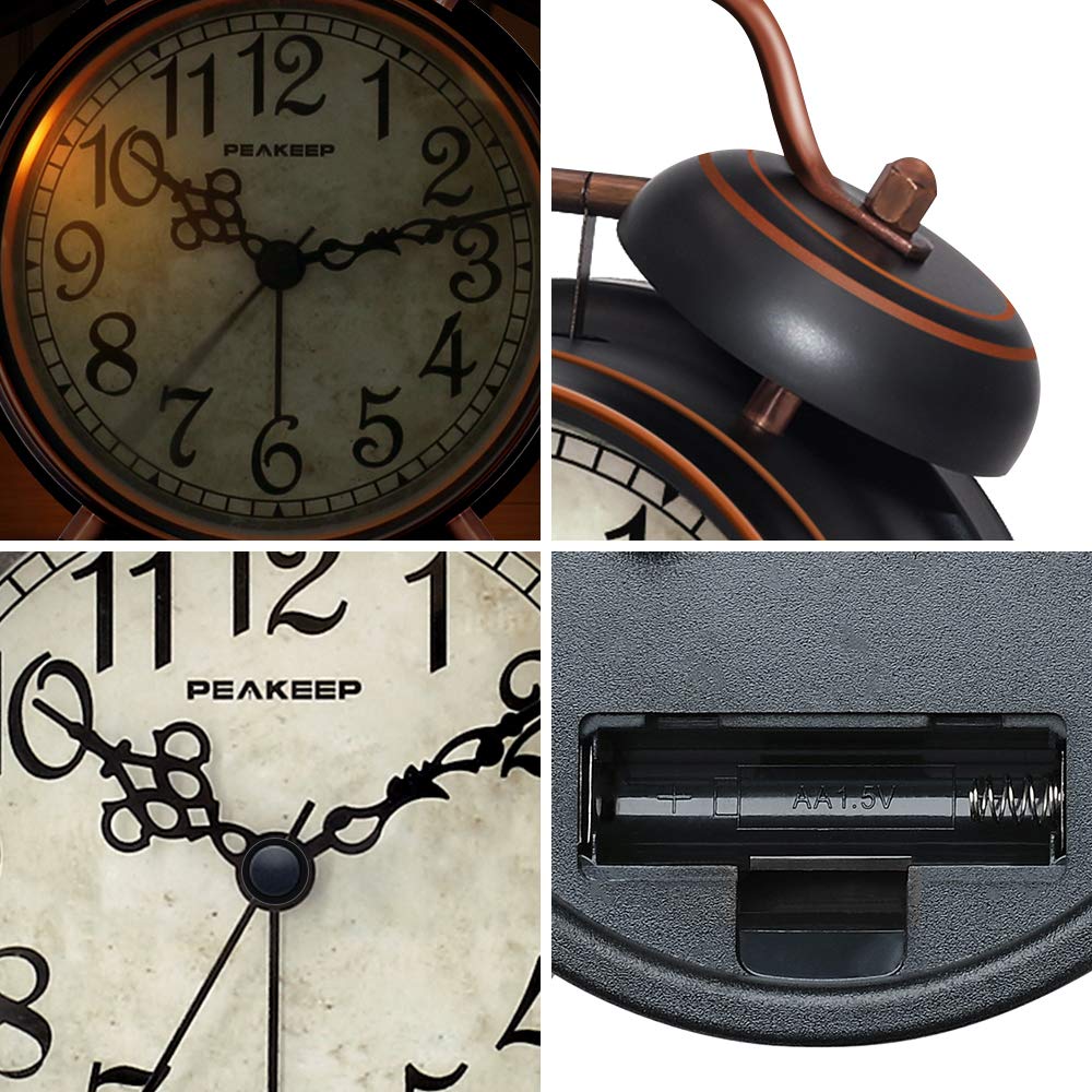 Peakeep 4 Inches Twin Bell Loud Alarm Clock for Heavy Sleepers, Backlight, Battery Operated Old Fashioned Alarm Clock for Bedrooms (3D-Dial, Black)