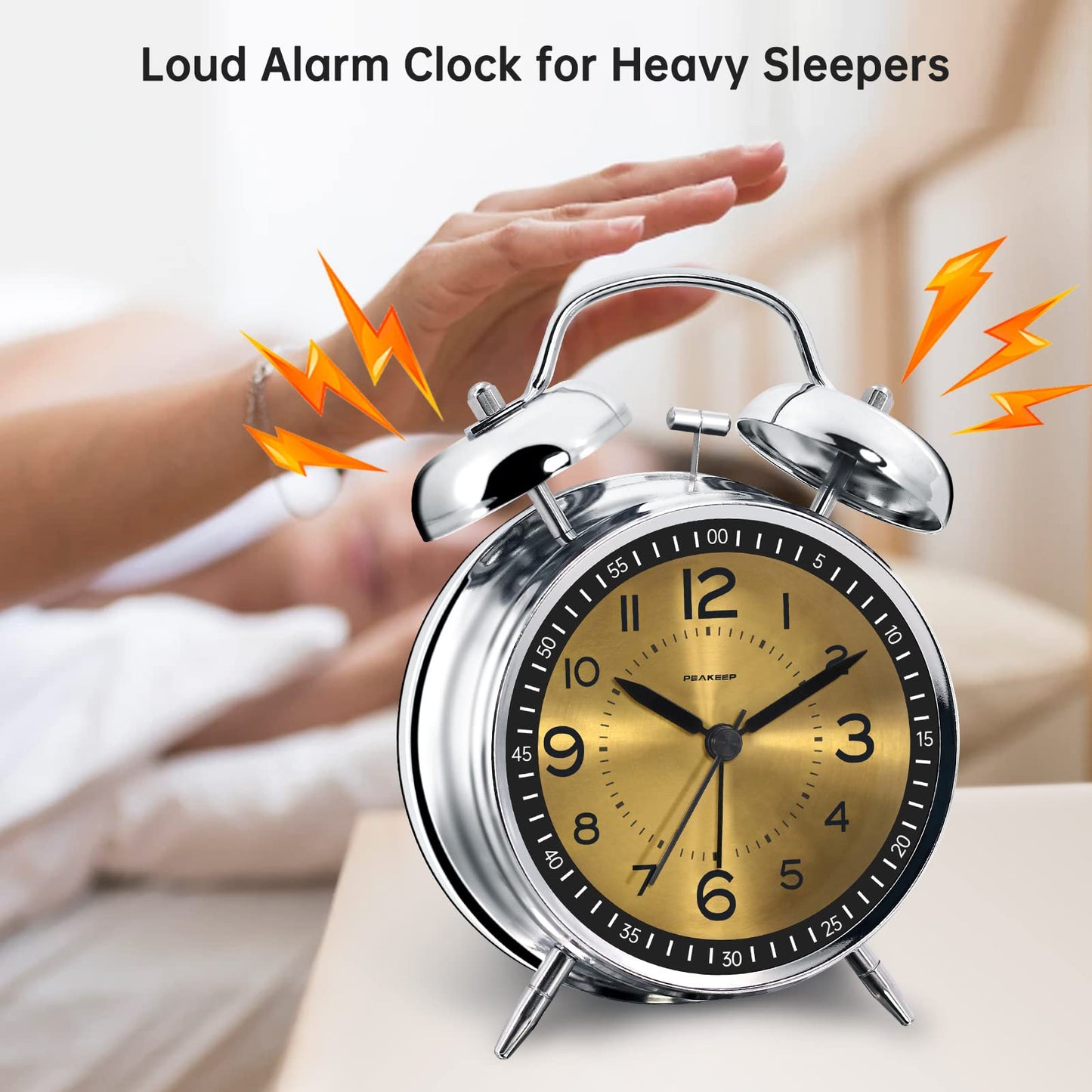 Peakeep 4 Inches Twin Bell Loud Alarm Clock for Heavy Sleepers, Backlight, Battery Operated Old Fashioned Alarm Clock for Bedrooms (3D-Dial, Black)