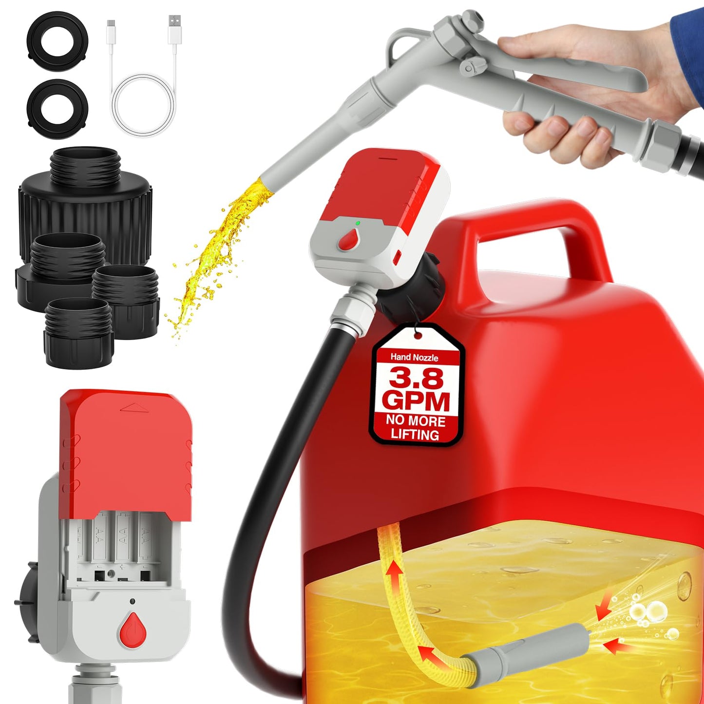Keimi 5 GPM Cordless Fuel Transfer Pump with Auto-Stop & Hand Trigger Nozzle, Compatible with DeWalt 20V & Milwaukee 18V Batteries, Gas Can Pump for Gasoline/Diesel, 51" Hose & 4 Adapters