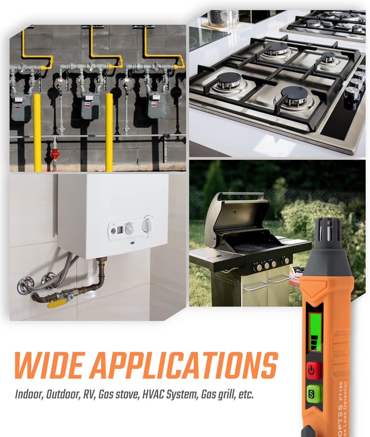 PT199 Natural Gas Leak Detector with Audible/Visual Alarm, Methane & Propane, Orange