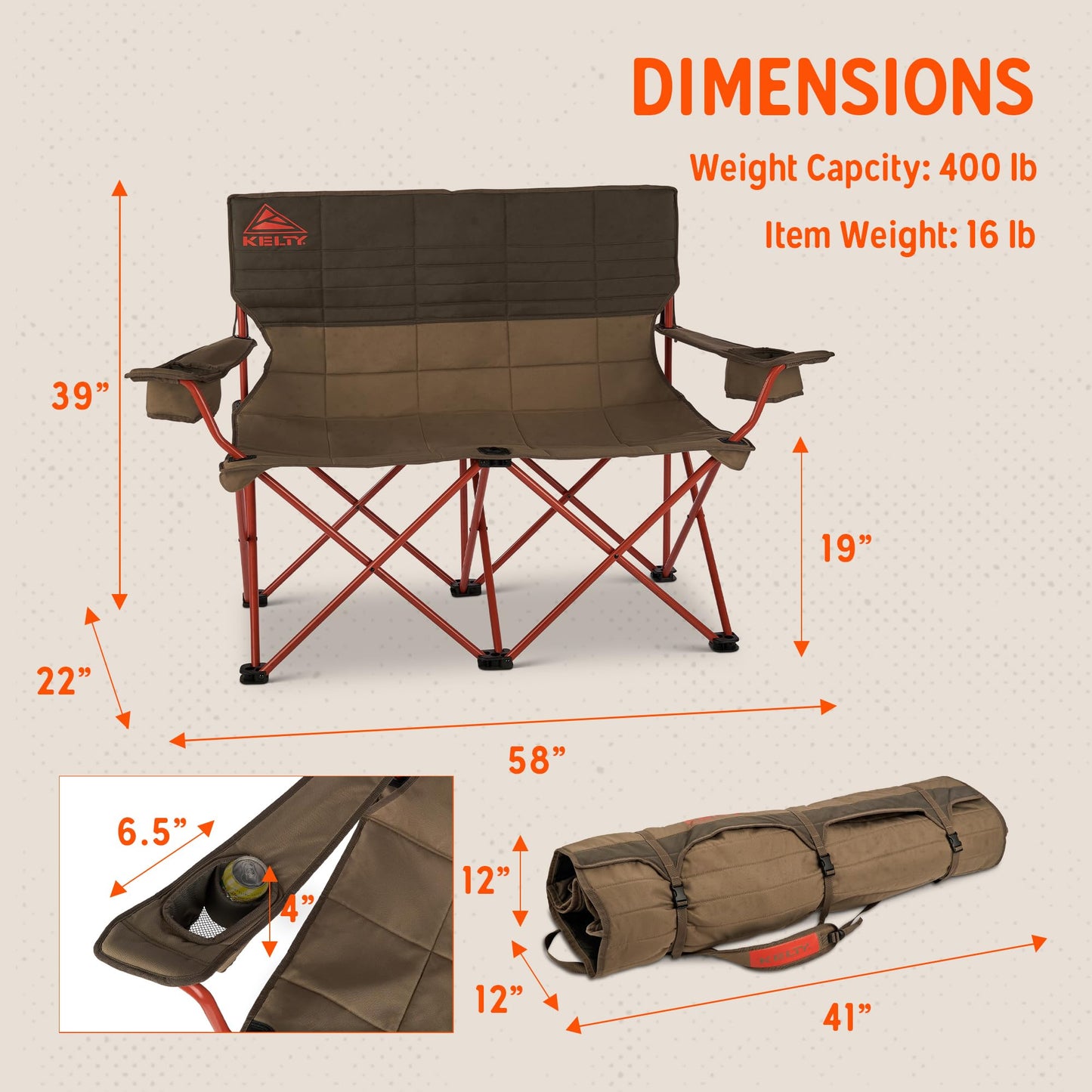 Kelty Low Loveseat Oversized 2-Person Heavy Duty Folding Camp Chair, Double Seat for Soccer Games, Tailgating, Beach Days (Low Height/Dark Shadow)