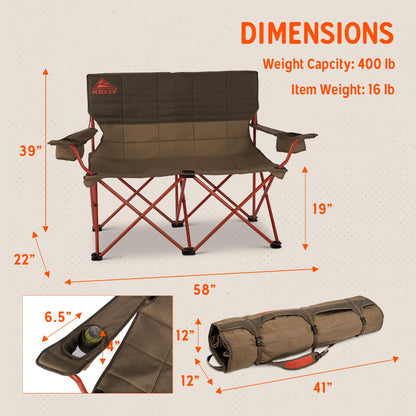 Kelty Low Loveseat Oversized 2-Person Heavy Duty Folding Camp Chair, Double Seat for Soccer Games, Tailgating, Beach Days (Low Height/Dark Shadow)
