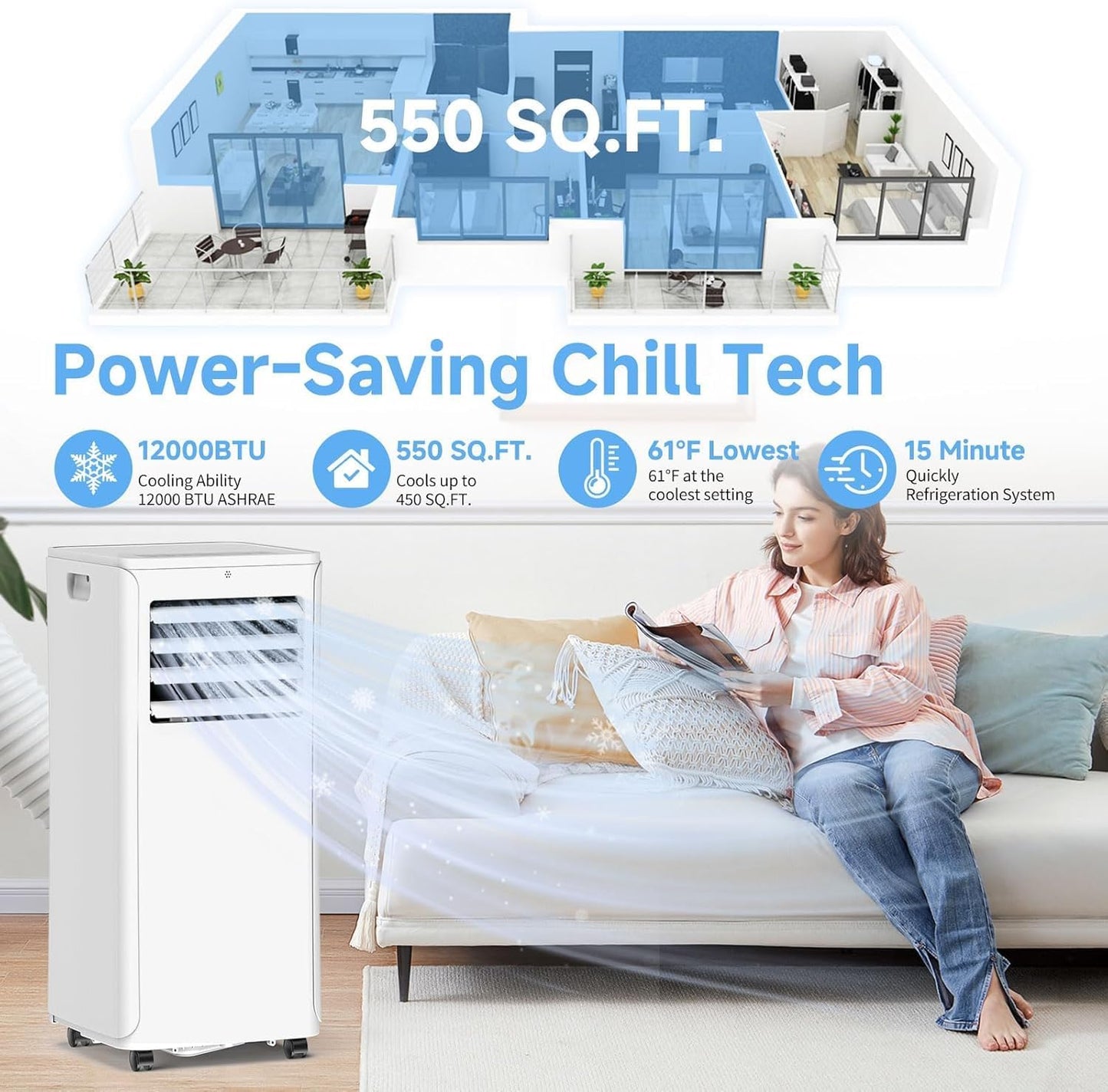 Portable Air Conditioner, 3-in-1 8500 BTU AC Unit with Fan & Dehumidifier – Quiet Cooling for Bedroom, Home Office up to 450 sq.ft, Includes Complete Window Mount Kit