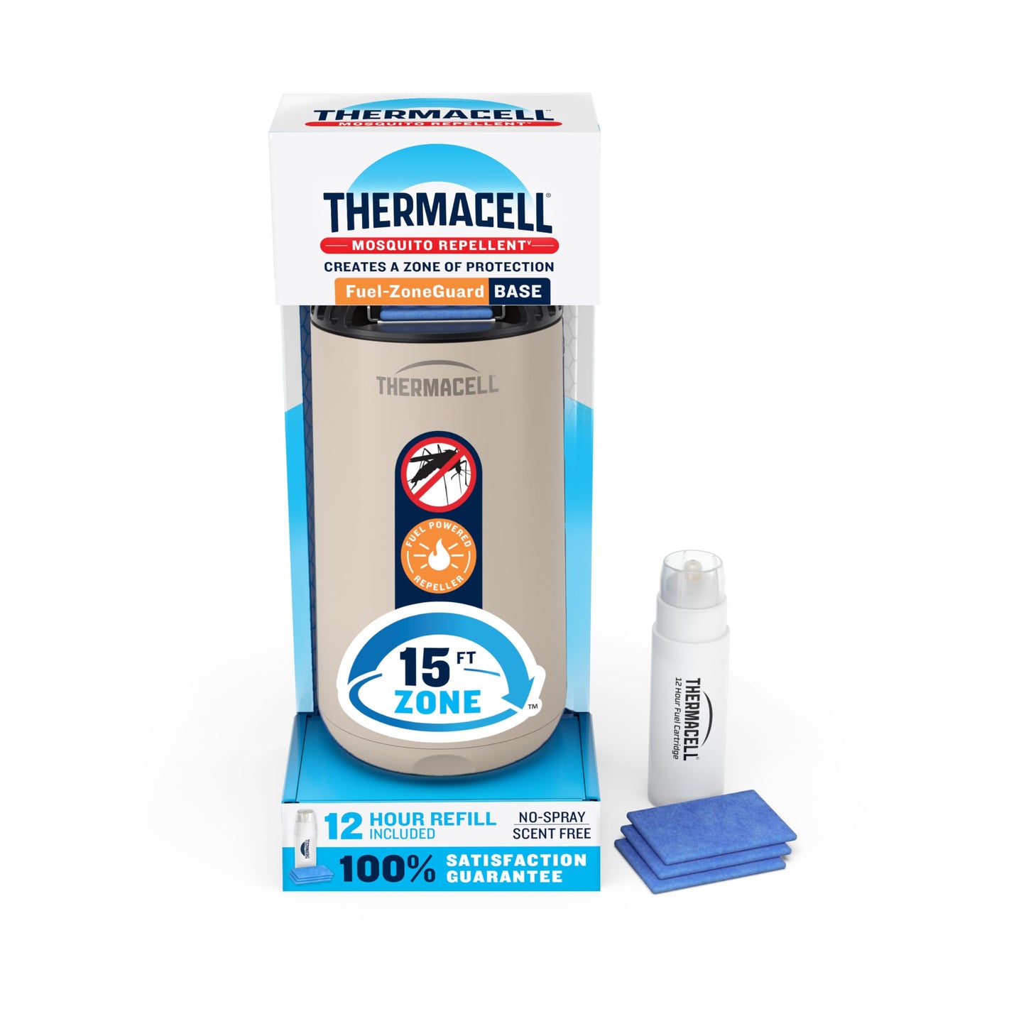 Thermacell Fuel-ZoneGuard Base Fuel Powered Mosquito Repeller; 15-Foot Zone of Scientifically Proven Outdoor Protection; Patio Shield; 12-Hr Refill; DEET-Free; Bug Spray Alternative; Glacial Blue