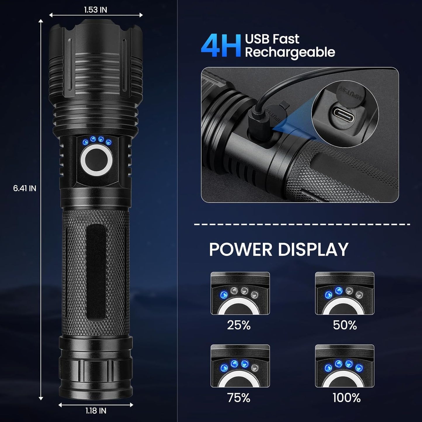 MILAOSHU 4 Pack Flashlight Rechargeable 99,000 High Lumens, Super Bright Rechargeable Flashlights for Home, Powerful LED Flash Light with 5 Light Modes, IPX7 Waterproof for Outdoor, Camping