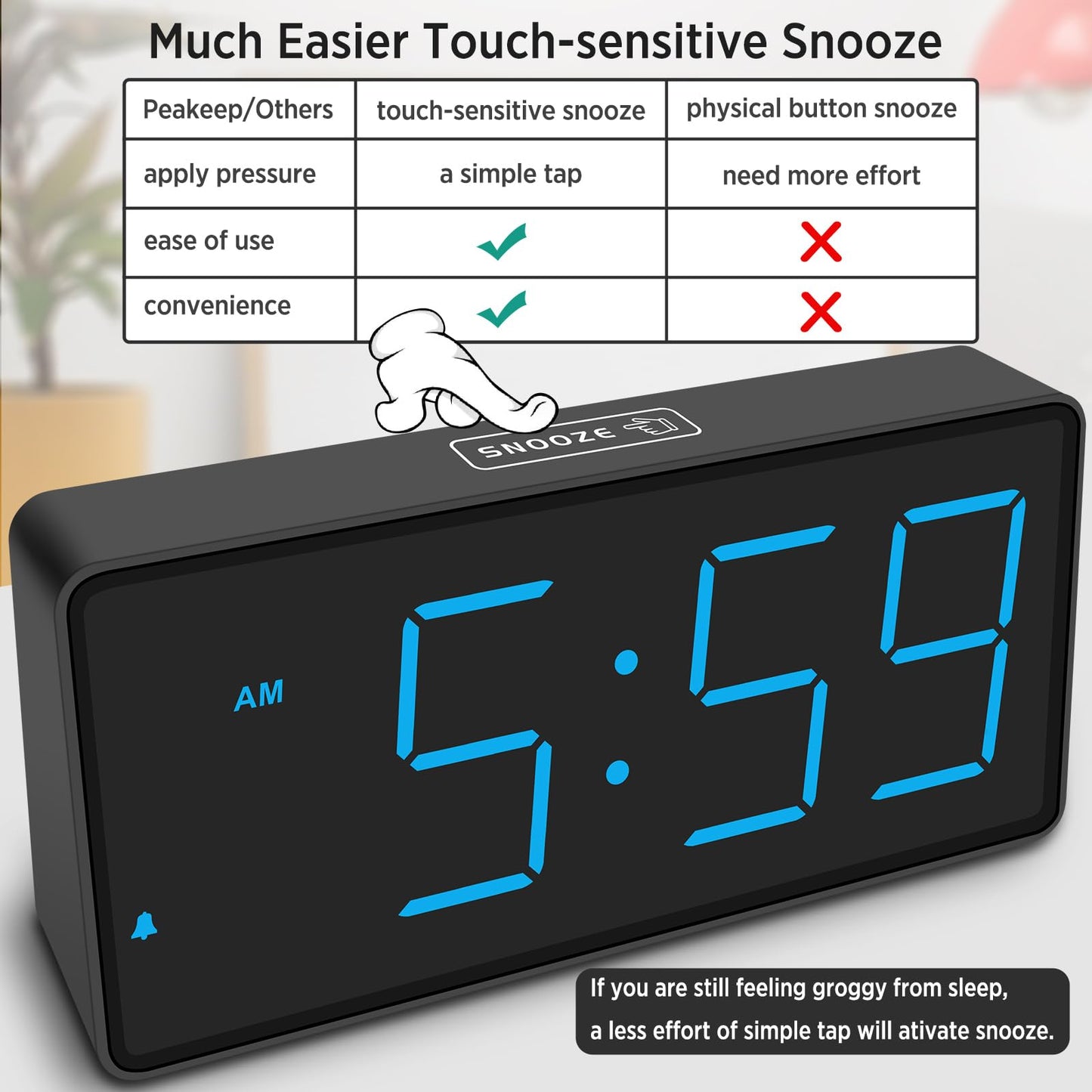 Peakeep Battery Operated Digital Alarm Clock for Bedrooms Cordless - Auto/Manual Dimmer, Volume Adjustable, Large Big Numbers Display, Dual Power Supply