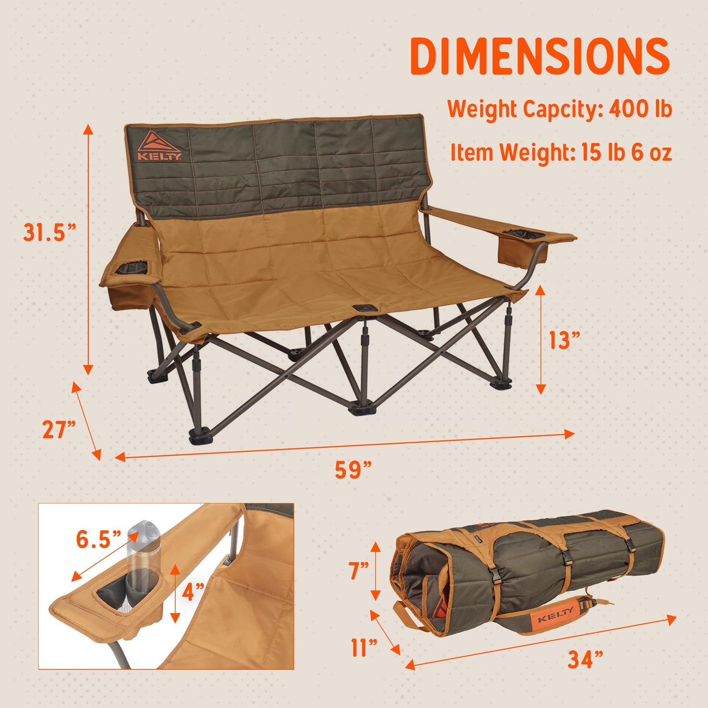 Kelty Low Loveseat Oversized 2-Person Heavy Duty Folding Camp Chair, Double Seat for Soccer Games, Tailgating, Beach Days (Low Height/Dark Shadow)