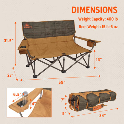 Kelty Low Loveseat Oversized 2-Person Heavy Duty Folding Camp Chair, Double Seat for Soccer Games, Tailgating, Beach Days (Low Height/Dark Shadow)