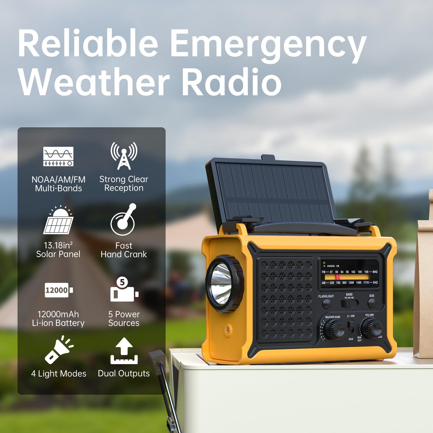 Solar Radio Emergency Hand Crank 12000mAh with Clear Signal, AM FM NOAA Weather Radio Battery Operated with 2-Mode LED Flashlight Cell Phone Charger Dual Outputs SOS