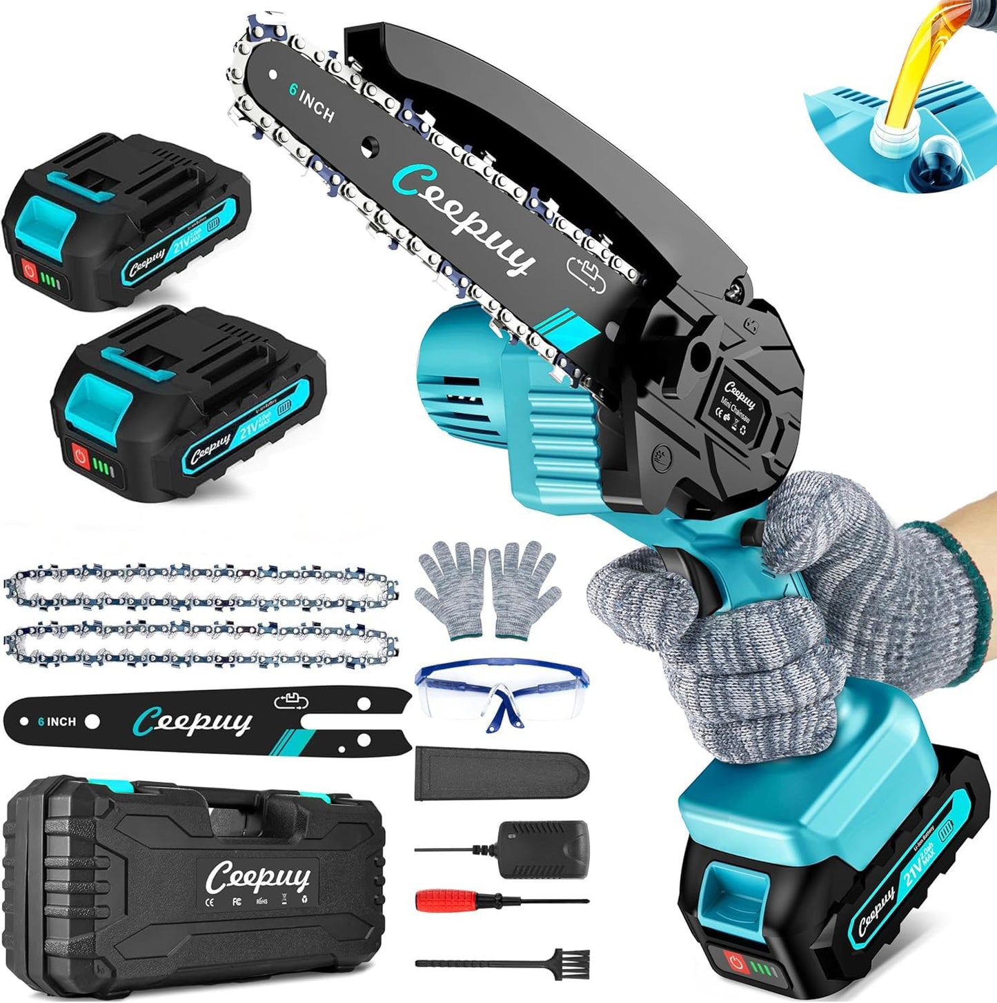 CEEPUY Mini Chainsaw Cordless,6 Inch Portable Electric Chainsaw with Automatic Oiler/Security Lock/Battery Powered Small Handheld Saw for Trees Branches Trimming,Wood Cutting, Gifts for Men Women
