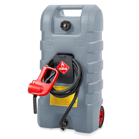 15 Gallon Gas Can, Fuel Tank Container with LE Fluid Transfer Manual Siphon Pump & 10FT Hose, Portable Diesel Gas Storage Caddy with Wheels for Car, ATV, Weeder, Boat, etc., Red